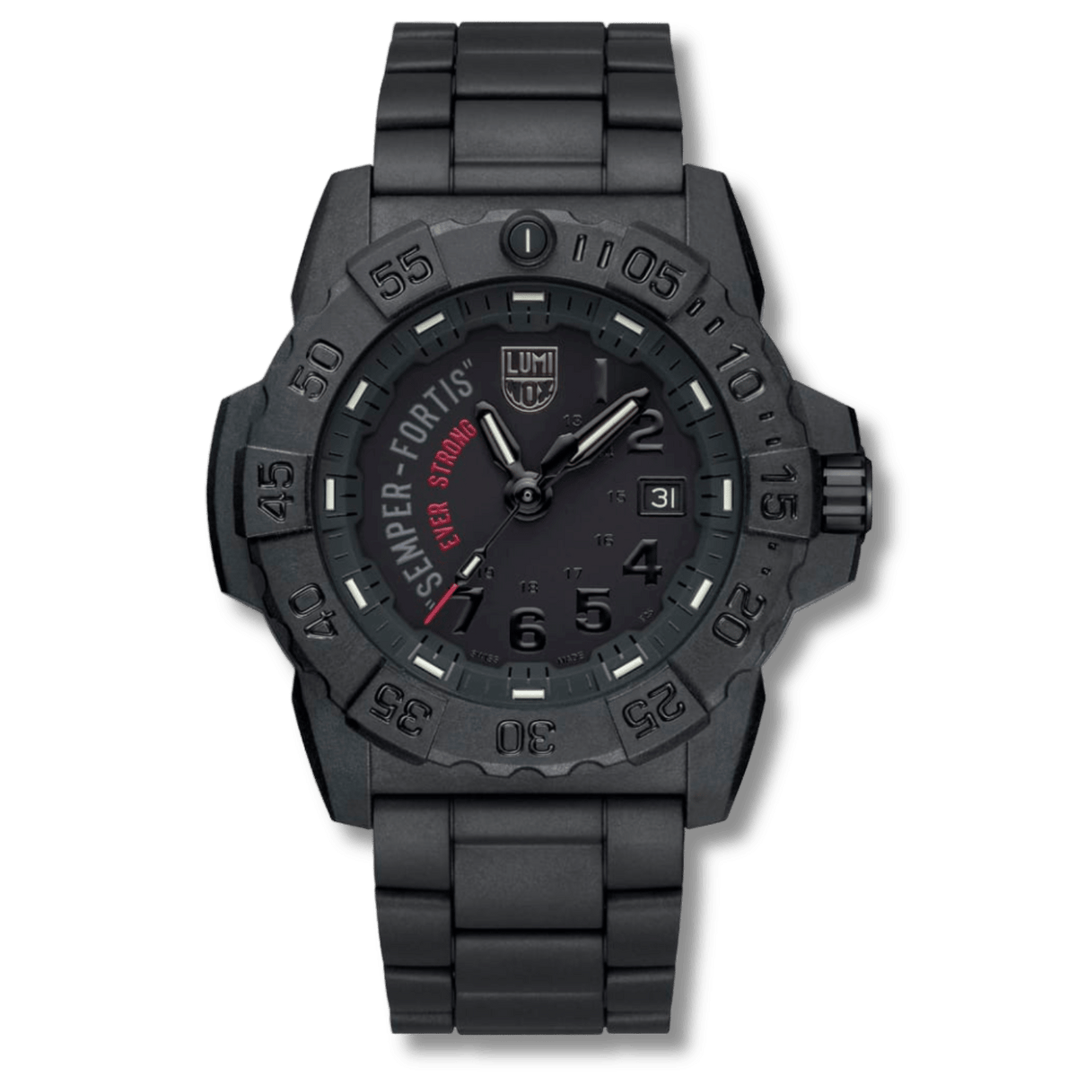 A black tactical-style LUMINOX WATCH שעון לומינוקס analog watch with a matching black metal link bracelet, featuring a dark dial with green, orange, and white markings and the text 'SEMPER FORTIS' and 'EVER STRON