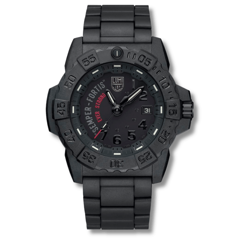 A black tactical-style LUMINOX WATCH שעון לומינוקס analog watch with a matching black metal link bracelet, featuring a dark dial with green, orange, and white markings and the text 'SEMPER FORTIS' and 'EVER STRON