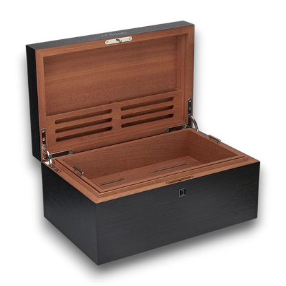 Signature cigar humidor with black wood exterior and cedar interior, featuring a lock and internal dividers.