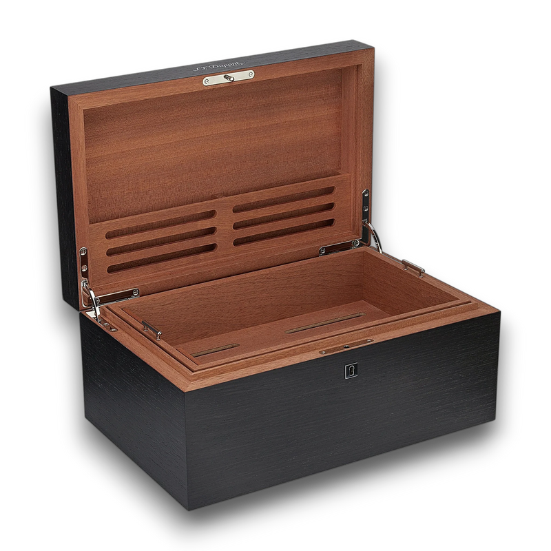Signature cigar humidor with black wood exterior and cedar interior, featuring a lock and internal dividers.