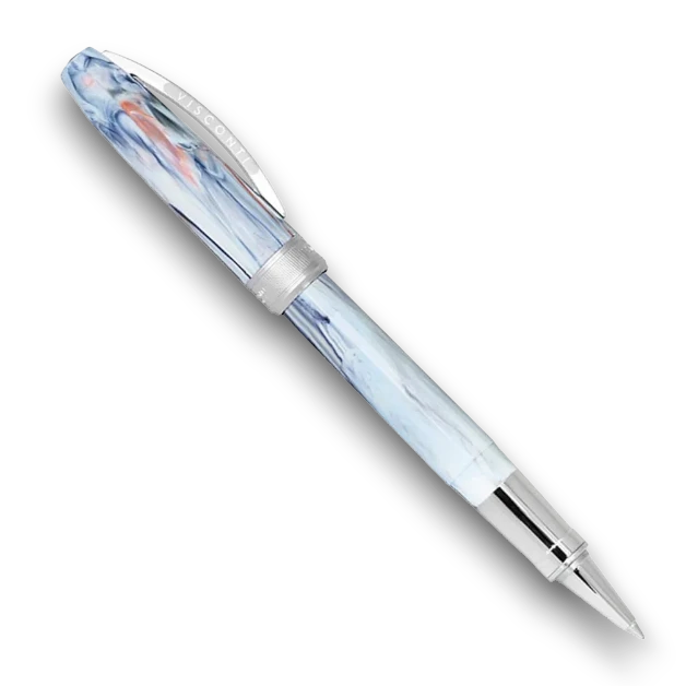 Signature Van Gogh rollerball pen with marbled blue, white, and orange resin barrel and silver trim.